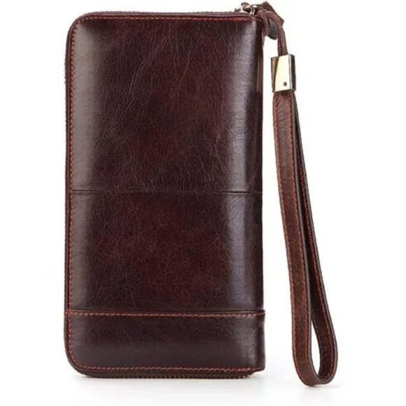 Mens Long Wallet Leather Coffee Zipper Wallet - Picture 2 of 6